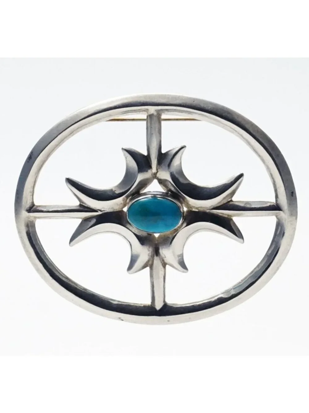 Vintage Navajo Sandcast Sterling Silver Turquoise Brooch, Old Pawn Southwest Pin